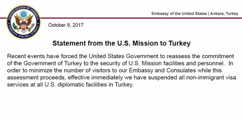 US suspends all non-immigrant visa services in Turkey